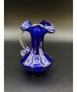 Vintage Blue Cobalt Clear Applied Handle Vase 5” Pitcher Hand Blown - $423.28 MXN