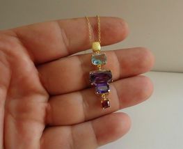 14K Yellow Gold Over Sapphire Amethyst Necklace Pendant Multi-Color Gems 4.95Ct - £87.17 GBP