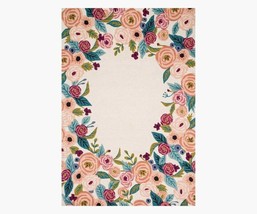 Multicolored Hand Tufted Les Fleurs Juliet Rose Wreath Ivory Wool-Hooked Rug - £428.00 GBP