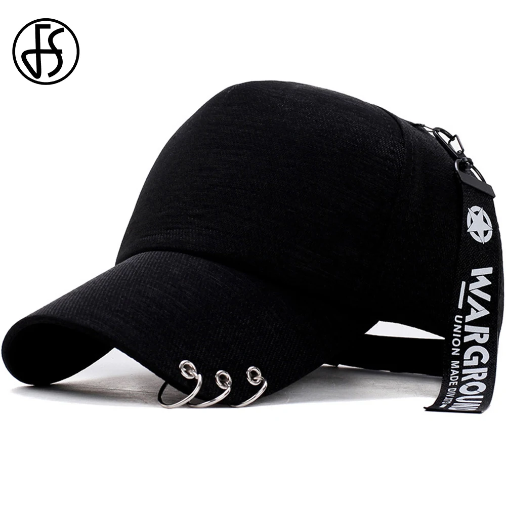 FS 2024 Trendy Iron Ring Baseball Caps For Men Snapback Hip Hop Cap Black Cotton - £11.52 GBP+