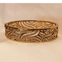 Vintage Filigree &amp; Crystal 14Kt Gold Plated Hinged Cuff Bracelet - £19.78 GBP