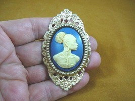 (CA20-25) Rare African American Lady Ivory + Navy Blue Cameo Pin Pendant Jewelry - £27.81 GBP