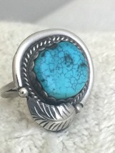 Vintage Sterling Silver Southwest Tribal Ring Turquoise Size 7 5.4g feather leav - £45.89 GBP