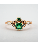 Vintage Round Lab Emerald Engagement Ring With Moissanite Memorial Ring - $5,528.55 MXN+