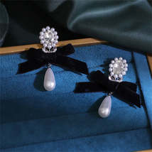 Black Flocking &amp; Crystal Pearl Silver-Plated Bow Drop Earrings - £11.25 GBP