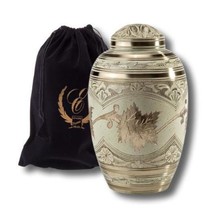 Large 202 Cubic Inches Cream Color Brass Funeral Cremation Urn W. Velvet Pouch - £123.60 GBP