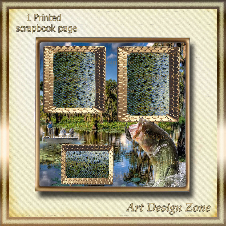 Fishing Scrapbook Page Framed with Fisherman, Bass and Gold Frames - $12.00