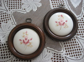 Wall Plaque-Hand Painted Roses-Pink-Porcelain with Wood-Set of 2-1970-USA - $15.00