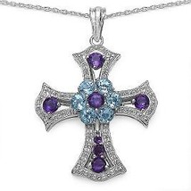 Amethyst And Blue Topaz Cross Pendant Necklace And Chain Free Shipping - £240.54 GBP
