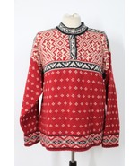 LL Bean L Red Black Fair Isle Nordic Wool Blend Pullover Sweater  USA BA45 - £28.79 GBP