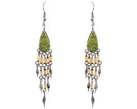 Teardrop Gemstone Cabochon Long Wooden Bamboo Metal Dangle Earrings - Womens Fas - £14.35 GBP