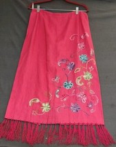 Muse Linen Maxi Long Skirt Womens 12 Floral Fringe Hem Pink Embroidered ... - $29.95