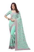 Designer Sea Green Heavy Resham Embroidery Work Sari Georgette Party Wea... - £85.81 GBP