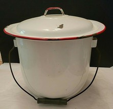 WHITE ENAMEL POT RED RIM WITH HANDLE AND OVERSIZED LID - £28.94 GBP