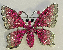  Buttery Papillon Fashion Brooch Pin Silver-Tone &amp; Pink Crystals Small 1.5&quot; - £23.83 GBP