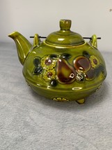 Vintage Green Ceramic Teapot with Floral Relief &amp; Wire Handle 1970s - $25.88