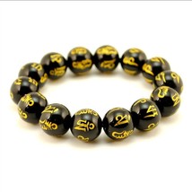 BLACK AGATE MALA 14mm Stone Prayer Bead Stretch Bracelet Sanskrit Om Man... - $94.23 MXN