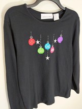 Victoria Jones Beaded Christmas Ornament Knit Blouse Long Sleeve Black Sz L - £6.38 GBP
