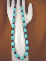 (v326-81) 18&quot; long Chinese turquoise + purple Amethyst beaded gemstone Necklace - £59.78 GBP