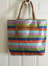 Large Rainbow Nylon Faux Leather Trim Double Handle Beach Bag Shopping T... - $9.49