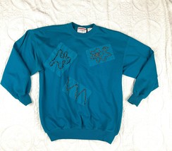 VTG CA Sport Women&#39;s Blue Pullover Sweater Sz M Satin Patches Sweatshirt - £25.34 GBP