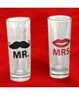 Mr. Mrs. Novelty Shot Glasses Black Mustache Red Lips Glitter Clear 4&quot; S... - $27.09 CAD