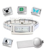 White Rectangle Italian Charm Watch Bracelet Plus Charm Tool &amp; Enamel Ch... - $25.54 CAD