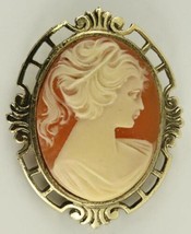 Vintage Costume Jewelry Plastic 2-1/8&quot; Tall CAMEO Gold Tone Bezel Brooch Pin - £11.26 GBP