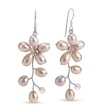 Elegant Tropical Flower Inspired Pink Pearl &amp; Crystal Dangle Earrings - £14.03 GBP