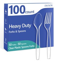 100 Count Plastic Silverware Heavy Duty -50 Forks, 50 Spoons, BPA-Free, Heat Res - £15.26 GBP