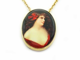 Vintage Lady in Red Portrait Chalcedony Pendant Chain 14.5&quot; 18k Gold - £503.50 GBP
