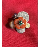 Vtg MCM Agate Carved Flower Metal Brooch J71 - $519.89 MXN