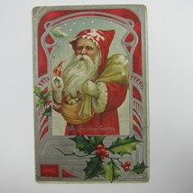 Christmas Postcard Old World Santa Bag Toys Snow Holly Silver Embossed Antique - £15.97 GBP