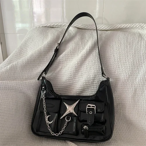 MBTI Y2k Womens Shoulder Bag Harajuku Fashion Gothic Casual Black Chains Handbag - £39.16 GBP