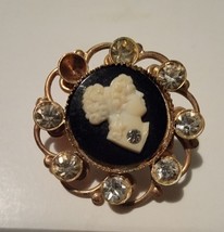 Carved One Piece Cameo Brooch/Pin White Cameo on Black Background Rhinestones - $15.73