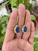 4.00Ct Pear Cut CZ Blue Sapphire Drop/Dangle Earrings 14K Yellow Gold Plated - £119.79 GBP