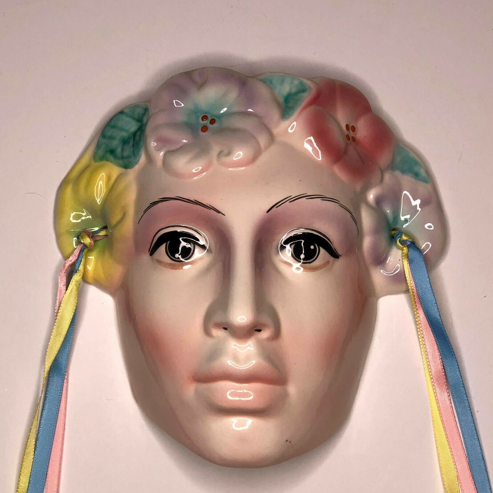 Vintage Clay Mask Woman with Yellow Pink and Purple Flower Head Piece - £13.56 GBP