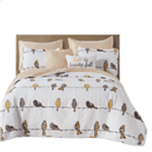 King size Yellow Brown Grey Floral Birds On Wire Lightweight 7 Piece Quilt Set - $257.49