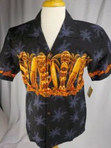 Favant Hawaiian Shirt Mens Sz M Black Orange Beach Surfboard Totem Coconut Bttns - £14.29 GBP