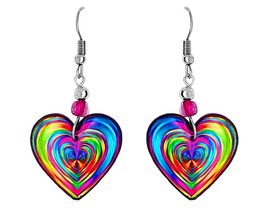 Rainbow Striped Heart Graphic Dangle Earrings - Unisex Fashion Handmade ... - $17.81