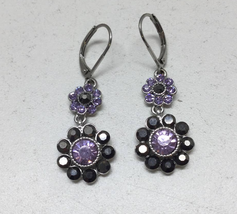 Monet Drop Floral Earrings Silver Tone Two Tone Purple Stones Pierced Level Back - $18.76