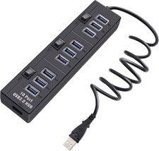 10 Port High Speed USB 2.0 Hub with Power Adapter and 3 Control Switches Black - £24.34 GBP