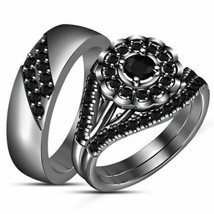 Trio Ring Set His Her Black Diamond Engagement Bridal Wedding Real 925 Silver - £105.97 GBP