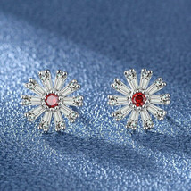 2CT Round CZ Red Garnet Flower Stud Earrings 14K White Gold Plated Silver - £86.92 GBP