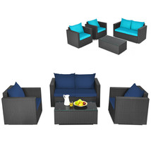 4 PCS Outdoor Rattan Sofa Set w/Navy&amp;Turquoise Cover for Balcony Rooftop Garden - £504.55 GBP