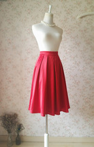 Red Midi Length Pleated Skirt Outfit Women Custom Plus Size Satin Party Skirt image 2