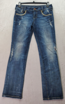 VIGOSS Jeans Womens Size 9/10 Blue Denim Splatter Distressed Cotton Straight Leg - £21.38 GBP