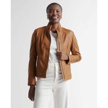 Quince Womens 100% Leather Stand-Collar Jacket Full Zip Pockets Brown XS - £58.88 GBP