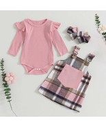 Baby Toddler Girls Pink Plaid Overall Jumper Dress and Headband Set Fall... - £19.74 GBP