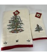 Spode Christmas Tree Bath Towel &amp; 2  Fingertip Towels 3 Piece Set Red Tr... - $20.00